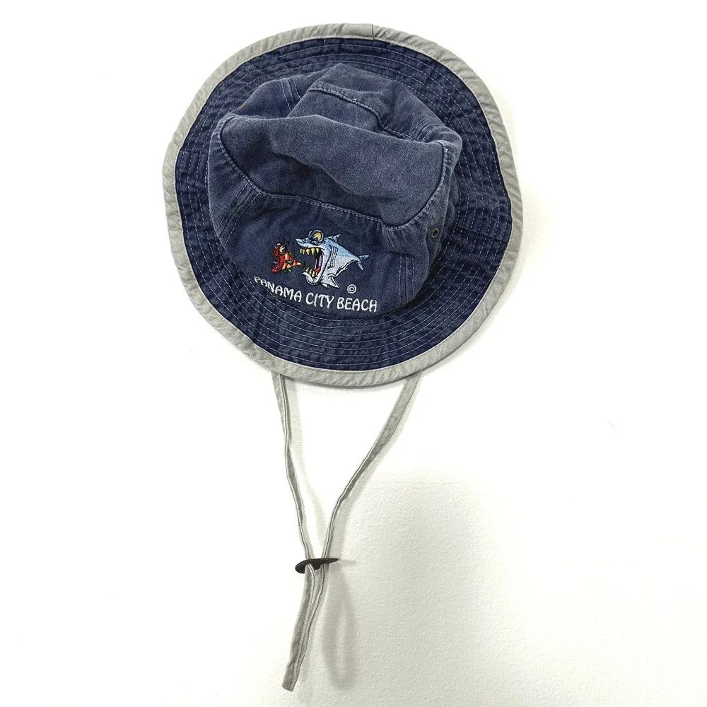 VTG‎ Panama City Beach Shark Bucket Hat Blue Kids Child Sun Hat 90s Beach